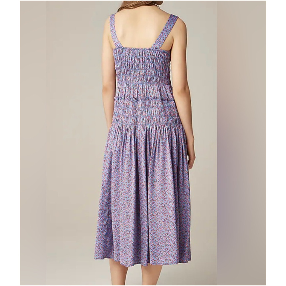 NWT J. Crew Smocked Midi Dress Womens Medium Blue Floral Summer Fields CK736 - Picture 2 of 11